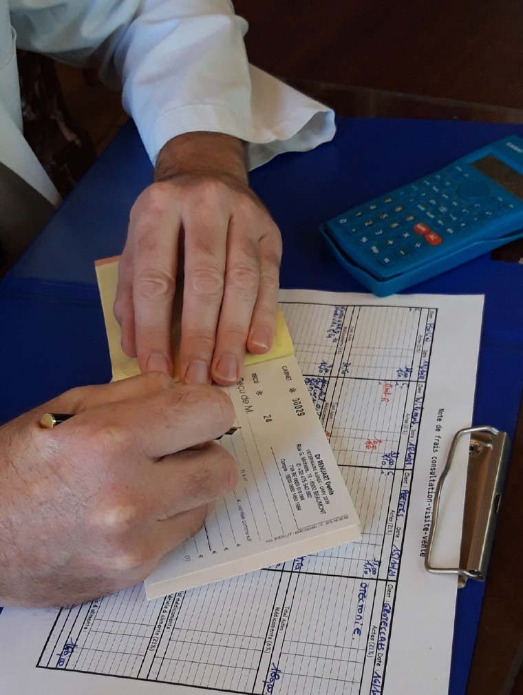 Le vétérinaire Renuart en train de faire une souche de consultation
